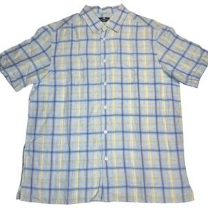 Mens Plaid Button Down Shirt Medium Blue Yellow Short Sleeve Casual Summer Shirt